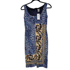 Y2K Euro Cache 2 Blue Gold Leopard Print Damask Bodycon Pencil Dress Cocktail